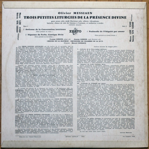 Messiaen • Trois petites liturgies de la Présence Divine • Erato LDE 3300 • Yvonne Loriod • Jeanne Loriod • Orchestre de Chambre de la R.T.F. • Marcel Couraud