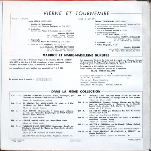 Vierne & Tournemire • Œuvres pour orgue • Erato EJA 13 • Marie-Madeleine & Maurice Duruflé
