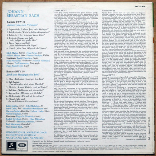 Bach • Cantates BWV 32 & 39 • Columbia SMC 91 424 • Consortium Musicum • Wolfgang Gönnenwein