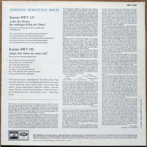 Bach • Cantates BWV 137 & 190 • EMI Electrola SME 91 605 • Ingeborg Ruß • Franz Crass • Teresa Żylis-Gara • Peter Schreier • Consortium Musicum • Hans Thamm