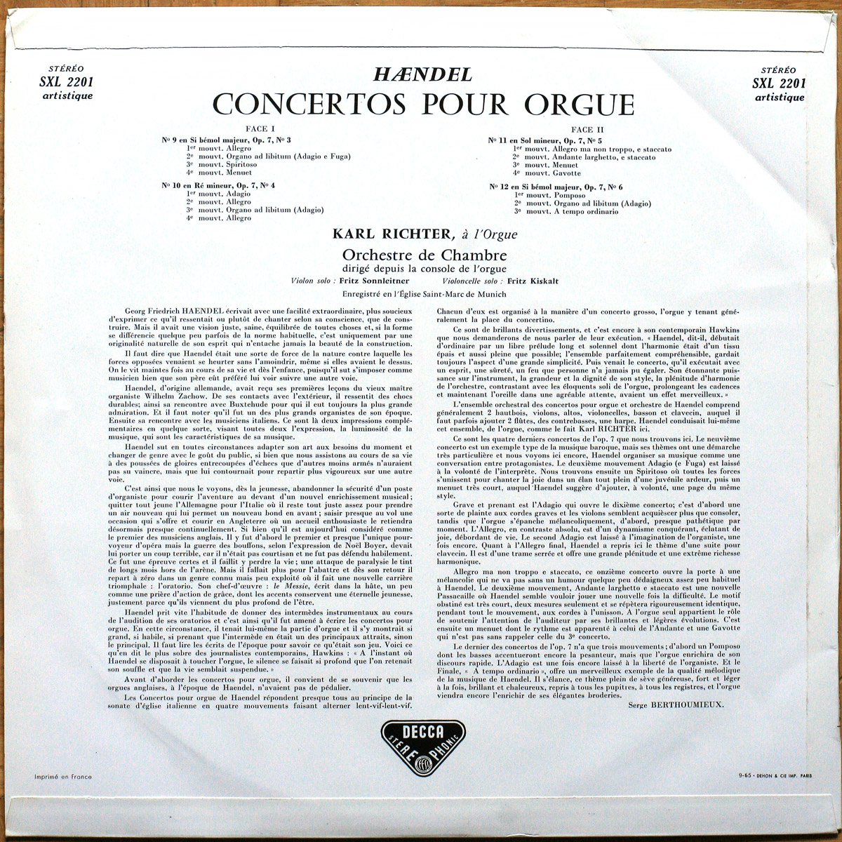 Händel • Haendel • Concertos pour orgue et orchestre • Organ concertos • Vol. 3 • SXL 2201 • Karl Richter • Karl Richter Chamber Orchestra
