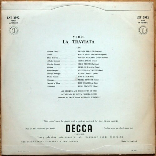 Verdi • La Traviata • LXT 2992/2993 • Renata Tebaldi • Gianni Poggi • Aldo Protti • Orchestra dell'Accademia Nazionale di Santa Cecilia • Francesco Molinari Pradelli