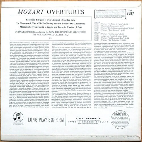Mozart ‎• Ouvertures • Overtures • Don Giovanni • Die Zauberflöte • Columbia SAX 2587 • Philharmonia Orchestra • Otto Klemperer