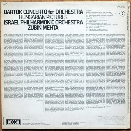 Bartók • Concerto pour orchestre – Concerto for orchestra • Images hongroises – Hungarian Pictures • SXL 6730 • Israel Philharmonic Orchestra • Zubin Mehta