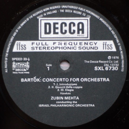 Bartok • Concerto for orchestra • Hungarian Pictures • SXL 6730 • Israel Philharmonic Orchestra • Zubin Mehta