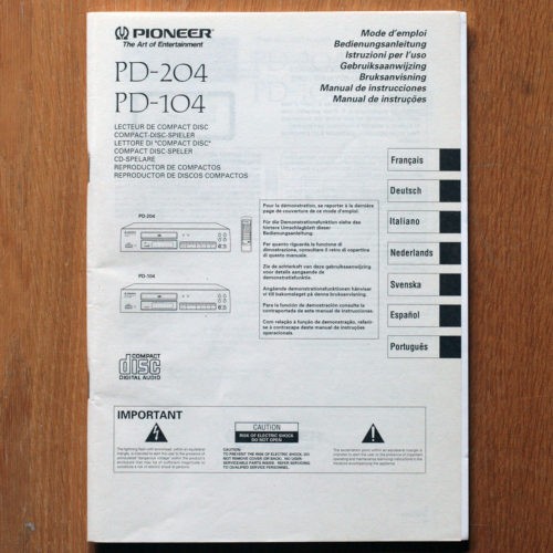 Pioneer • Lecteur CD • PD-104 & PD-204 • Manuel utilisateur • User manual • Bedienungsanleitung • Gebruiksaanwijzing • Bruksanvisning • Manual de instrucciones