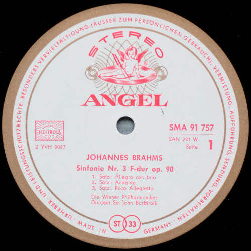 Brahms • Symphonie n° 3 • Electrola SMA 91 757 • Angel-Series • Wiener Philharmoniker • John Barbirolli