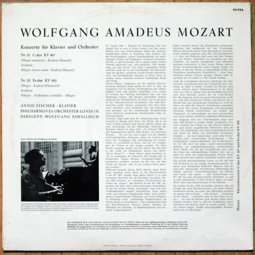 Mozart • Concertos pour piano n° 21 – KV 467 & n° 22 – KV 482 • Columbia C 90 996 • Annie Fischer • Philharmonia Orchestra • Wolfgang Sawallisch