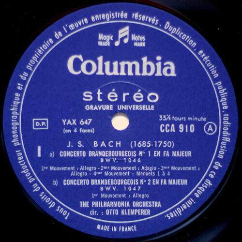 Bach • Concertos brandebourgeois n° 1 & 2 & 6 • Columbia CCA 910 • Philharmonia Orchestra Conductor • Otto Klemperer