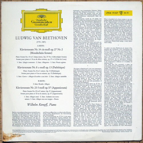 Beethoven • Sonates pour piano • Klaviersonaten • Piano sonatas • N° 8 "Pathétique" – n° 14 "Mondschein" – n° 23 "Appassionata" • DGG LPEM 19 227 • Wilhelm Kempff
