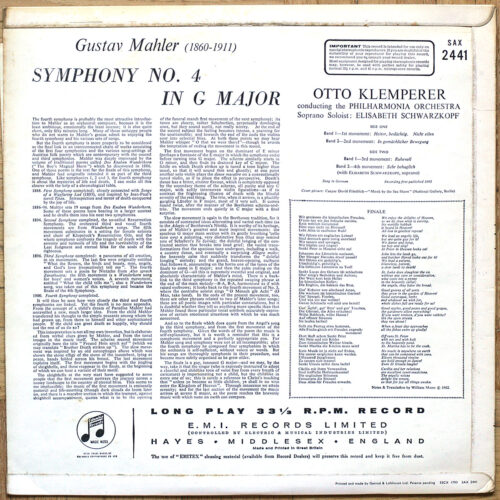 Mahler • Symphonie n° 4 • Columbia SAX 2441 • Elisabeth Schwarzkopf • Philharmonia Orchestra • Otto Klemperer
