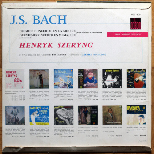 Bach • Concerto pour violon n° 1 & 2 • BWV 1041 & 1042 • Odeon XOC 809 • Henryk Szeryng • Denyse Gouarne Orchestre de l'Association des Concerts Pasdeloup • Gabriel Bouillon