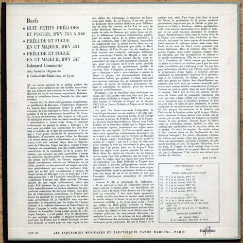 Bach ‎• Petits préludes et fugues – BWV 553 - 560 • Préludes et fugues – BWV 531 & 547 • Columbia FCX 797 • Edouard Commette