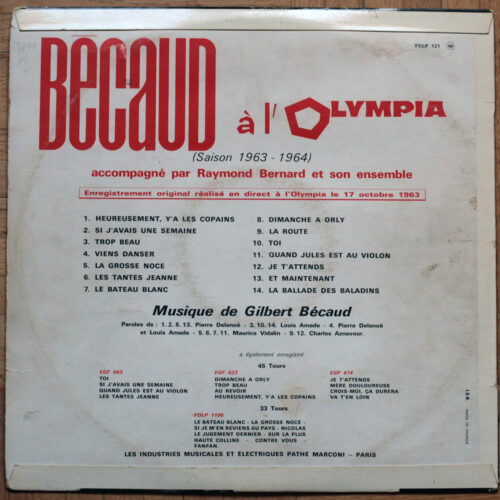 Gilbert Bécaud • À l'Olympia (saison 1963 -1964) • EMI FCLP 121