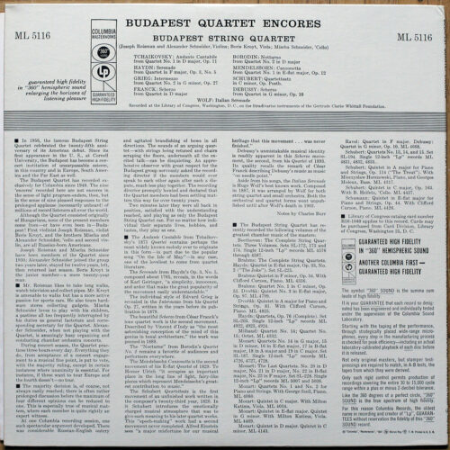 Budapest String Quartet • Budapest Quartet Encores • Columbia Masterworks ML 5116 • Budapest String Quartet