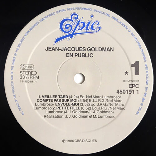 Jean-Jacques Goldman • En public • Envole-moi • Quand la musique est bonne • Je marche seul • Encore un matin • Epic EPC 450191 1