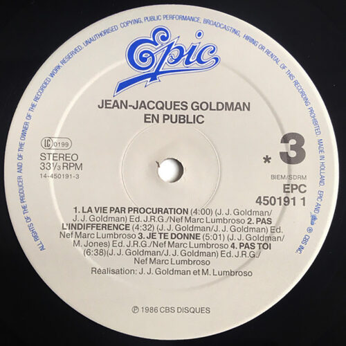 Jean-Jacques Goldman • En public • Envole-moi • Quand la musique est bonne • Je marche seul • Encore un matin • Epic EPC 450191 1