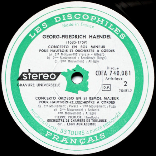 Händel • Concerto pour harpe • 3 concertos pour hautbois • Les Discophiles Français CDFA 740081 • Orchestre de chambre de Toulouse • Louis Auriacombe