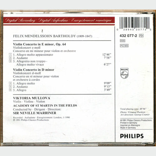 Mendelssohn • Concertos pour violon • Violin concertos • Philips 432 077-2 • Viktoria Mullova • Academy of St Martin in the fields • Neville Marriner