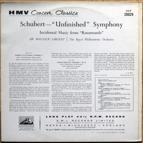 Schubert • Symphonie n° 8 "Inachevée" • Rosamunde • HMV SXLP 20029 • The Royal Philharmonic Orchestra • Malcolm Sargent