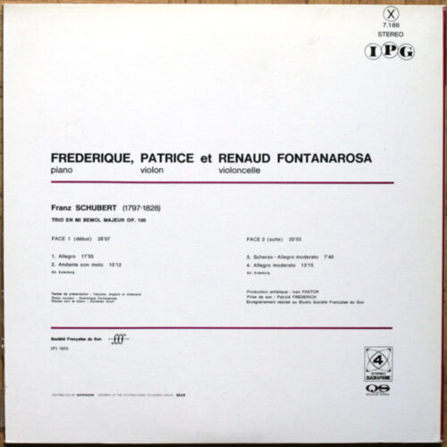 Schubert ‎• Trio pour piano & violon & violoncelle n° 2 Op. 100 • IPG 7.188 • Trio Fontanarosa