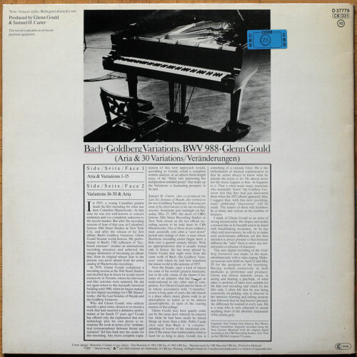 Bach • Les variations Goldberg • BWV 988 • CBS D 37779 Digital • Glenn Gould • Version 1981
