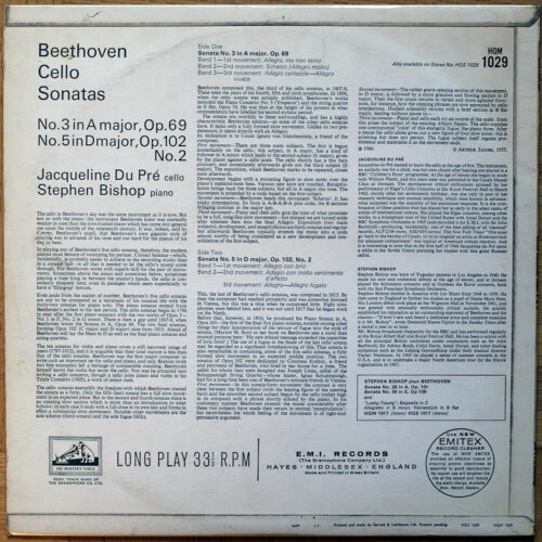 Beethoven • Sonates pour violoncelle et piano n° 3 & 5 • Cello sonatas n° 3 & 5 • His Master's Voice HQM 1029 • Jacqueline Du Pre • Stephen Bishop