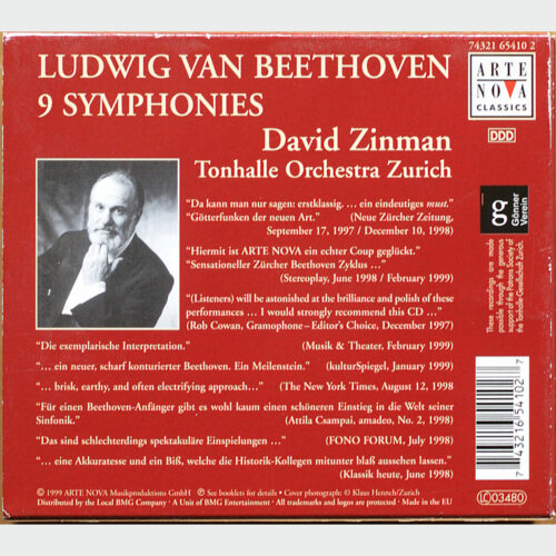 Beethoven • Intégrale des symphonies • The complete symphonies • Die Neun Symphonien • Arte Nova 74321 65410 2 • Tonhalle Orchestra Zurich • David Zinman