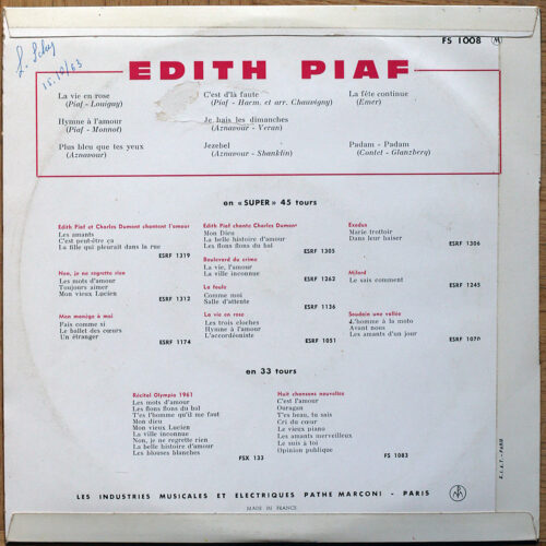 Edith Piaf • La Vie En Rose • Hymne à l'amour • Padam… Padam • Jezebel • Columbia FS 1008