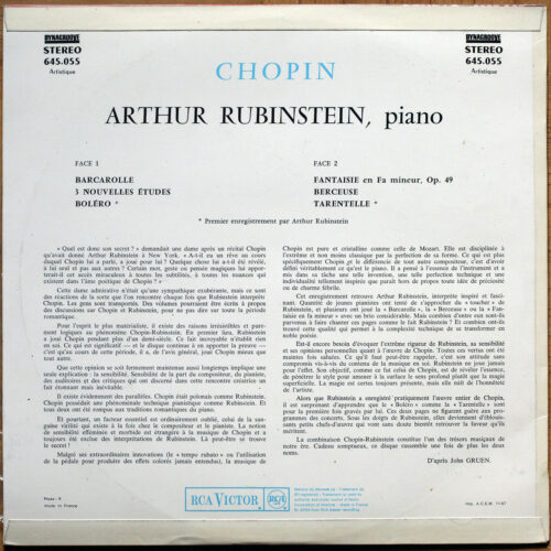 Chopin • Barcarolle • 3 nouvelles études • Boléro • Fantaisie • Berçeuse • Tarentelle • RCA Dynagroove 645.055 • Arthur Rubinstein