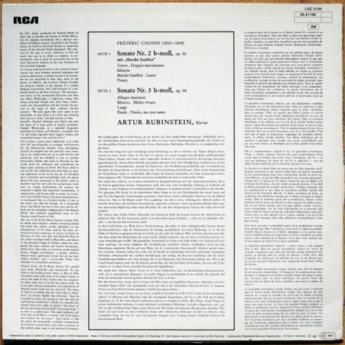 Chopin • Sonates pour piano n° 2 & 3 • Piano sonatas no. 2 & 3 • Klavieronaten Nr. 2 & 3 • RCA LSC 3194 • Arthur Rubinstein