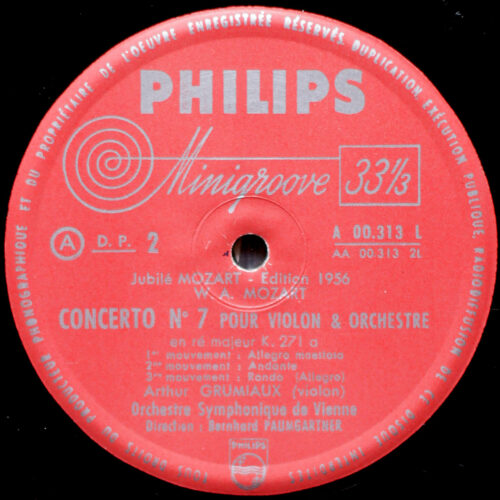 Mozart • Concertos pour violon et orchestre n° 1 – KV 207 & n° 7 – KV 271a • Philips Minigroove L 001 313 L • Orchestre symphonique de Vienne • Bernhard Paumgartner