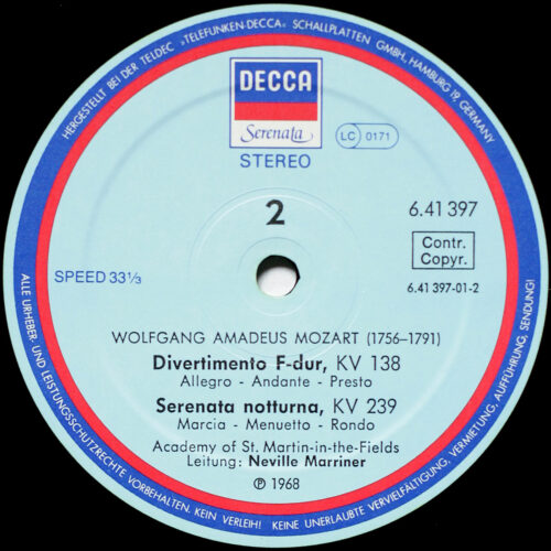 Mozart • Serenata Notturna – KV 239 • Divertimenti – KV 136/138 • Decca 6.41397 AQ • Academy of St. Martin-in-the-Fields • Neville Marriner