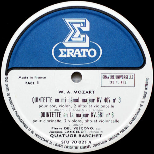 Mozart • Quintette pour clarinette – KV 581 • Quintette pour cor – KV 407 • Erato STU 70025 • Jacques Lancelot • Pierre Del Vescovo • Quatuor Barchet