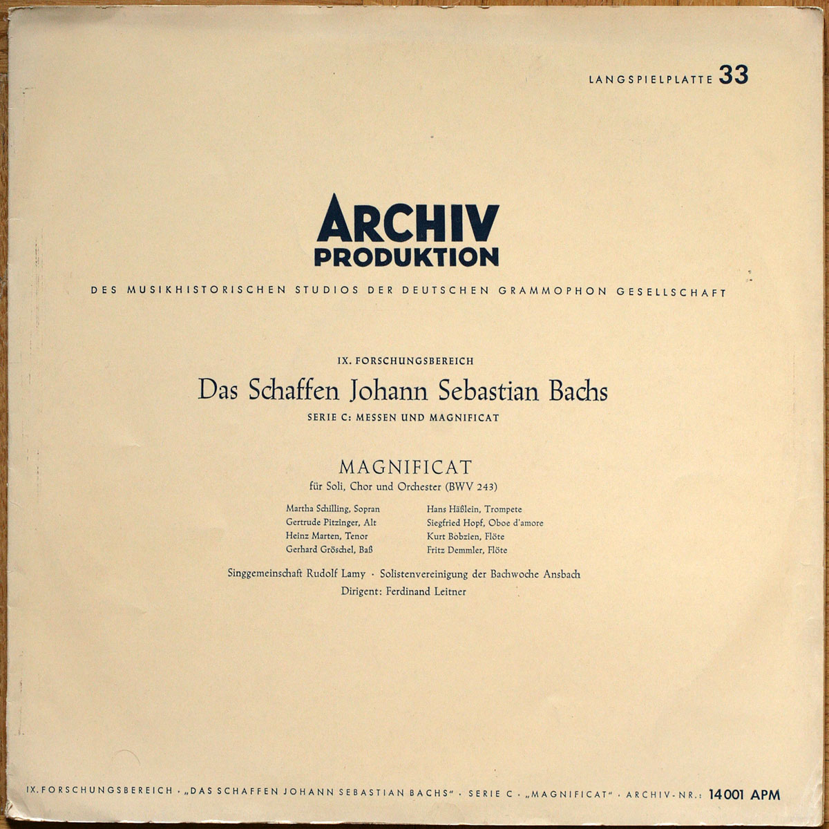 Bach • Magnificat für Soli Chor und Orchester • BWV 243 • Archiv Produktion 14 001 APM • Solistenvereinigung der Bachwoche Ansbach • Ferdinand Leitner