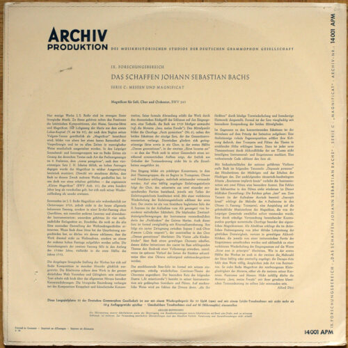 Bach • Magnificat für Soli Chor und Orchester • BWV 243 • Archiv Produktion 14 001 APM • Solistenvereinigung der Bachwoche Ansbach • Ferdinand Leitner