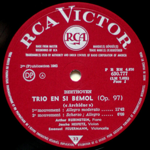 Beethoven • Trio pour piano, violon & violoncelle n° 7 “Archiduc” – “Erzherzog-Trio” • RCA 630.777 A • Arthur Rubinstein • Jascha Heifetz • Emanuel Feuerman