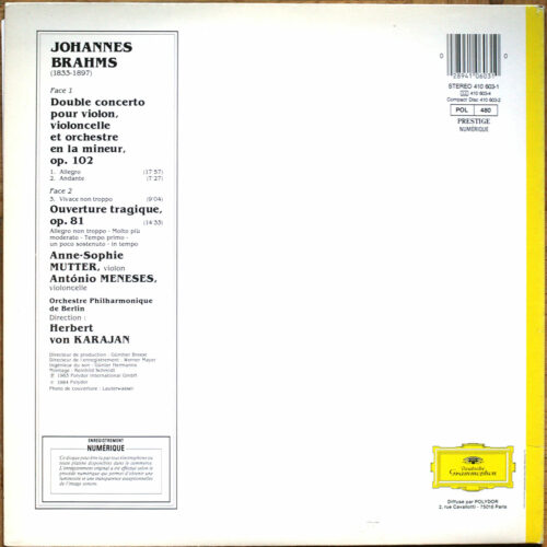 Brahms • Double concerto • Ouverture tragique • DGG 410 603-1 Digital • Anne-Sophie Mutter • António Meneses • Berliner Philharmoniker • Herbert von Karajan
