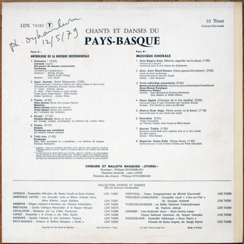 Chants et danses du Pays-Basque • Le Chant Du Monde LDX 7432 • Chœurs et ballets basques "Etorki" • Philippe Oyhamburu