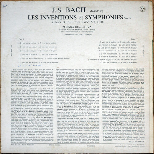Bach • L'œuvre pour clavecin • Vol. 9 • Les inventions et symphonies à 2 et 3 voix • BWV 772-801 • Erato ERA 9038 • Zuzana Ruzickova (Růžičková)