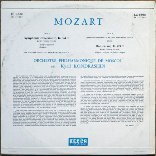 Mozart • Sinfonia concertante – KV 364 • Duo – KV 423 • SXL 6088 A • David Oistrakh • Igor Oistrakh • Moscow Philharmonic Orchestra • Kyril Kondrashin