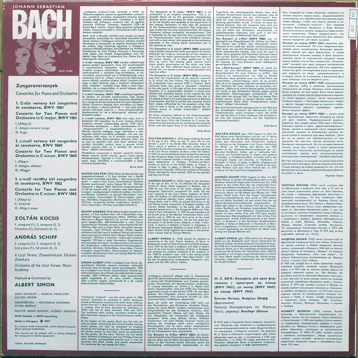 Bach • Concertos pour 2 pianos n° 1-3 • BWV 1060-1062 • Hungaroton SLPX 11751 • András Schiff • Zoltán Kocsis • Orchestra of the Liszt Music Academy • Albert Simon