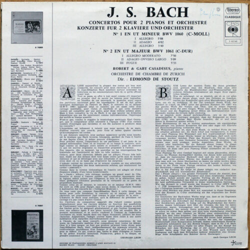 Bach • Concertos pour 2 pianos n° 1 & 2 – BWV 1060-1061 • CBS S 61140 • Gaby Casadesus • Robert Casadesus • Zürcher Kammerorchester • Edmond De Stoutz