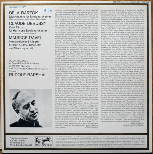 Bartók – Divertimento pour orchestre à cordes • Debussy – Deux danses pour harpe et orchestre • Ravel • Eurodisc 74801 KK • Orchestre de chambre de Moscou • Rudolf Barschai (Barchai)