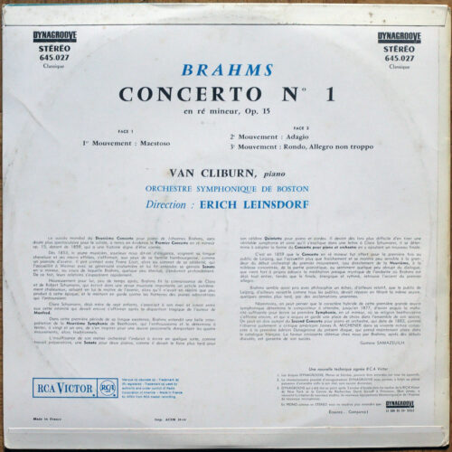 Brahms • Concerto pour piano n° 1 • Klavierkonzert Nr. 1 • RCA 645.027 • Van Cliburn • Boston Symphony Orchestra • Erich Leinsdorf
