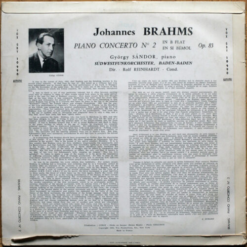 Brahms • Concerto pour piano n° 2 • VOX GBY 10.990 • György Sándor • Südwestfunkorchester Baden-Baden • Rolf Reinhardt