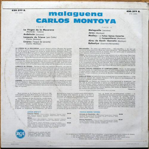 Concert de guitare de Carlos Montoya – Malagueña • Ortiz Calero • Bautista Monterde • Lecuona • Hernandez Cata • Guerrero • RCA 430.377 S • Carlos Montoya