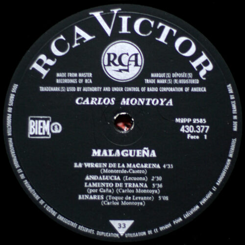 Concert de guitare de Carlos Montoya – Malagueña • Ortiz Calero • Bautista Monterde • Lecuona • Hernandez Cata • Guerrero • RCA 430.377 S • Carlos Montoya