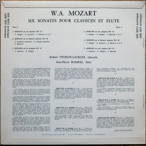 Mozart • Six sonates pour flûte et clavecin • 6 sonatas for flute and harpsichord • Erato STE 50172 • Jean-Pierre Rampal • Robert Veyron-Lacroix