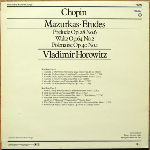 Chopin • Nouveaux enregistrements • 6 mazurkas • 3 études – Op. 10 • Prélude n° 6 – Op. 28 • Valse n° 2 – Op. 64 • Polonaise n° 1 – Op. 40 • CBS 76307 • Vladimir Horowitz